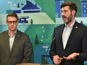 Interim city manager Adam Laughlin, left, with Edmonton Mayor Don Iveson.