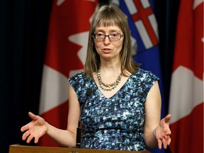 Alberta's chief medical officer of health Dr. Deena Hinshaw answers a question about the COVID-19 pandemic at a press conference at the Alberta legislature on Thursday, March 19, 2020.
