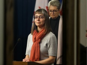 Dr. Deena Hinshaw, Alberta's chief medical officer of health, left, and Marcia Johnson, deputy chief medical officer of health, give an update on the COVID-19 pandemic response at a press conference at the Alberta legislature in Edmonton on Friday, March 20, 2020.