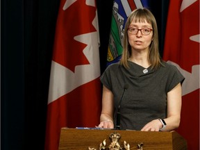 Dr. Deena Hinshaw, Chief Medical Officer of Health, speaks during a news conference about the COVID-19 pandemic at the Alberta Legislature in Edmonton, on Wednesday, March 25, 2020. Photo by Ian Kucerak/Postmedia