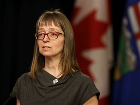 Dr. Deena Hinshaw, Chief Medical Officer of Health, speaks  about the COVID-19 pandemic during a press conference at the Alberta Legislature in Edmonton, on Wednesday, March 25, 2020.