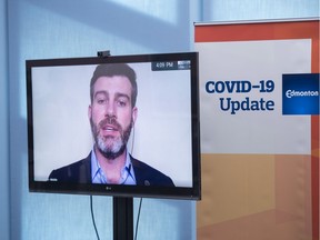Mayor Don Iveson takes media questions from his home as he is self isolating. Emergency advisory committee at city hall renewed the local state of emergency due to  COVID-19 on March 26, 2020.