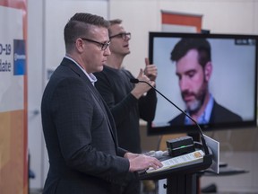 Adam Laughlin, interim city manager, speaks to media after the meeting. Emergency advisory committee at city hall renewed the local state of emergency due to  COVID-19 on March 26, 2020.  Photo by Shaughn Butts / Postmedia