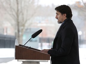 Prime Minister Justin Trudeau speaks during a news conference on the COVID-19 situation in Canada from his residence during a Monday morning press conference in Ottawa. (Photo by Dave Chan / AFP) (Photo by DAVE CHAN/AFP via Getty Images) ORG XMIT: POS2020032314170031377765524
