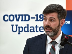 Mayor Don Iveson provides a update on city's response to COVID-19 at city hall in Edmonton on March 16, 2020.