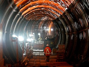 Work continues in the new Valley Line southeast Light Rail Transit (LRT) tunnel in downtown Edmonton on Wednesday, March 11, 2020. The concrete pours as well as the beginning of the Chinese Structure have been completed at the 102 Avenue tunnel portal.