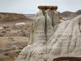 A lone hoodoo in the badlands at Dinosaur Provincial Park near Patricia, Ab., on Tuesday, March 10, 2020.