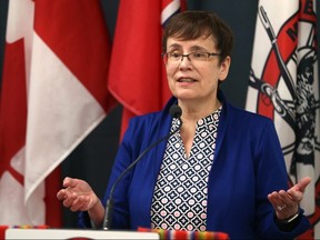 Dr. Annette Trimbee, former president and vice-chancellor at the University of Winnipeg, speaks during a press conference in May 2019. Kevin King/Winnipeg Sun/Postmedia Network
