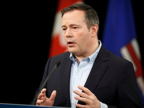 Premier Jason Kenney speaks during a provincial COVID-19 update at the Federal Building at the Alberta Legislature in Edmonton.