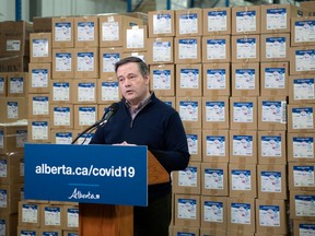 Premier Jason Kenney in the AHS Edmonton Distribution Centre on Saturday, April 11, 2020. (Chris Schwarz/Government of Alberta)