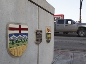 Provincial border markers are seen in downtown Lloydminster, Alberta on Thursday, December 22, 2016.