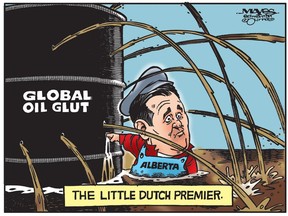 Dutch boy Jason Kenney deals with global oil glut. (Cartoon by Malcolm Mayes)