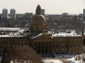 The Alberta Legislature is seen from the Federal Building during the COVID-19 global coronavirus pandemic in Edmonton, on Tuesday, March 31, 2020.