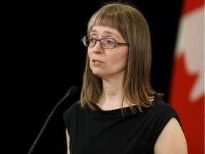 Alberta's chief medical officer of health Dr. Deena Hinshaw delivers her daily COVID-19 coronavirus pandemic briefing at the Federal Building in Edmonton, on Wednesday, April 1, 2020.