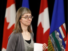 Alberta's chief medical officer of health Dr. Deena Hinshaw gives her daily COVID-19 briefing at the Alberta legislature's Federal Building in Edmonton on Thursday, April 2, 2020.
