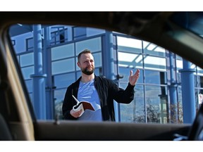 Ryan Pedde, the pastor at Bridge Church, is organizing a drive-up Easter service on Sunday in the Dow Centennial Parking lot in Fort Saskatchewan, April 7, 2020. Ed Kaiser/Postmedia