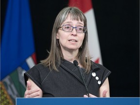 Alberta's chief medical officer of health, Dr. Deena Hinshaw, gives a COVID-19 update to reporters by teleconference from the Edmonton Federal Building on Monday, April 13, 2020.