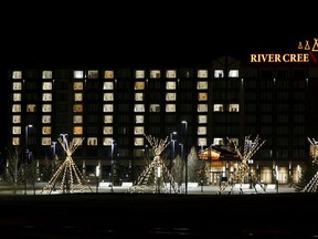 A message of hope is seen in the windows of the River Cree Resort & Casino in Edmonton, on Tuesday, April 14, 2020. The facility is closed due to the ongoing COVID-19 pandemic.