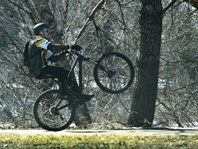 Wheelie all day long, as a cyclist pops a wheelie riding along the shared pathway on River Valley Rd. in Edmonton, April 16, 2020.