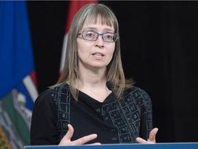 Dr. Deena Hinshaw, Alberta's chief medical officer of health, speaks during a news conference in the Federal Building on Tuesday, April 21, 2020.