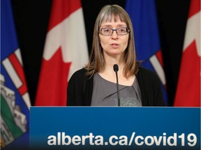 Dr. Deena Hinshaw, Alberta's chief medical officer of health, speaks during a COVID-19 update at the Federal Building in Edmonton on Monday, April 27, 2020.