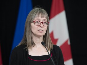 Alberta's chief medical officer of health Dr. Deena Hinshaw speaks during an update, from Edmonton on Tuesday, April 28, 2020, on COVID-19 and the ongoing work to protect public health.