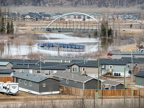 Flood water advances toward the Ptarmigan trailer court in Fort McMurray on April 26, 2020.