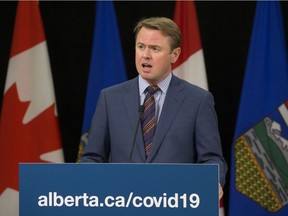 Health Minister Tyler Shandro announces the temporary expansion of Calgary's Peter Lougheed Centre, creating 100 care spaces for patients during the COVID-19 pandemic, at a news conference in Edmonton on Thursday, April 9, 2020.