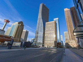 A near-deserted downtown Calgary on Friday, March 278, 2020. Premier Jason Kenney said the province's unemployment rate may hit 25 per cent due to the economic collapse triggered by COVID-19.