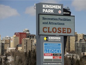 A sign at the Kinsmen Sports Centre advertises that City of Edmonton recreation facilities have been closed due to the COVID-19 pandemic, in Edmonton Thursday April 2, 2020.