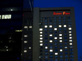 The Sutton Place Hotel has rooms lit up in the shape of a heart in support of frontline workers in the midst of the COVID-19 pandemic, in Edmonton Thursday April 9, 2020.
