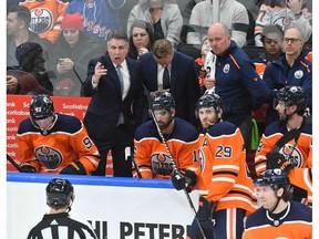 Edmonton Oilers head coach Dave Tippett is seen out on the players bench as they played the New York Rangers at Rogers Place on Dec. 31, 2019.