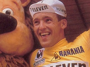 Alex Stieda celebrates in Paris in 1986 after becoming the first North American to win the Yellow Jersey in the Tour de France. He is now training virtually at his home in Edmonton for the Sept, 12, 2020, Gran Fondo World Championships in Whistler, B.C.