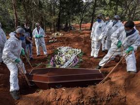 Employees bury the coffin of a person who died from COVID-19 at the Vila Formosa cemetery, in the outskirts of Sao Paulo, Brazil on May 20, 2020. Brazil has emerged as the latest flashpoint in the coronavirus pandemic with more than 270,000 cases registered and nearly 18,000 deaths so far. The increase in infections is not expected to peak until June.