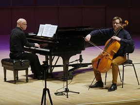 Edmonton Symphony Orchestra's principal cellist Rafael Hoekman and regular guest pianist Jeremy Spurgeon performed on stage to an empty concert hall at the Winspear Centre in March.