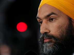 NDP leader Jagmeet Singh attends a news conference after the French language federal election debate at the Canadian Museum of History in Gatineau, Oct. 10, 2019.