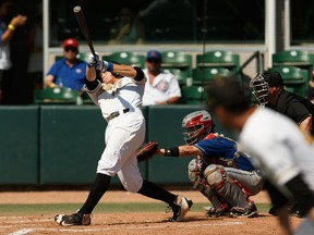 Edmonton Prospects' Travis Hunt (49) hits the ball during a Western Canadian Baseball League game versus the Brooks Bombers at Re/Max Field on Aug. 5, 2019. The 2020 season was cancelled Thursday.