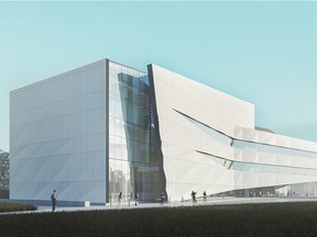 Designs of the interior and exterior of the Edmonton superlab, which was cancelled in 2019.