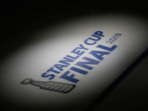 The Stanley Cup logo appears on the ice where the Boston Bruins and St. Louis Blues met in Game 2 of the 2019 Stanley Cup final at TD Garden. Needless to say, the 2020 playoffs will look a whole lot different.