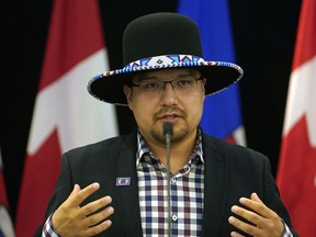 Billy Morin (Grand Chief, Confederacy of Treaty 6 First Nations) speaks at a news conference held in Edmonton on Saturday March 28, 2020.