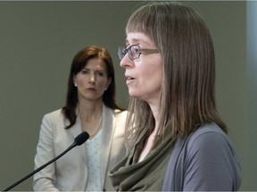 Alberta's chief medical officer of health Dr. Deena Hinshaw provides an update from Edmonton on Monday, May 11, 2020, on COVID-19 and the ongoing work to protect public health while Economic Development and Trade Minister Tanya Fir looks on.