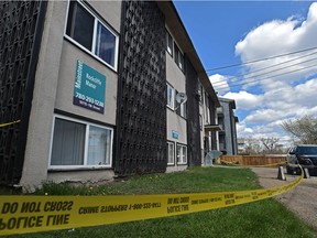 Police still have a weekend suspicious death scene in a basement suite taped off at Rockcliffe Manor, 10715 116 St. in Edmonton on Tuesday, May 12, 2020.