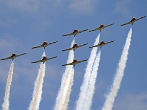 The Canadian Forces Snowbirds aerobatic team fly over Edmonton on Friday May 15, 2020. They were on a cross-Canada mission dubbed Operation Inspiration to salute Canadians doing their part to fight the spread of COVID-19.