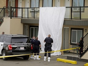 Police investigate a death at a motel near 38 Avenue and Calgary Trail May 25, 2020. Police confirmed it as Edmonton's eighth homicide of the year.