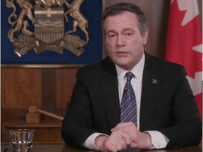 Video frame grab of the Alberta Premier Jason Kenney during a televised address to the province on COVID-19.