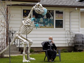 Alan McLaughlin gets some fresh air while talking on his phone in the front yard of his home in Edmonton during the COVID-19 pandemic on May 11, 2020. His pet T-Rex dinosaur was appropriately protected from the coronavirus. (Photo by Larry Wong/Postmedia)