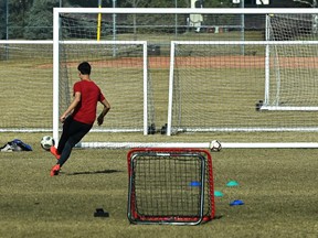Many soccer nets but only one player was honing his skills at the Lendrum Park in Edmonton on April 25, 2020.