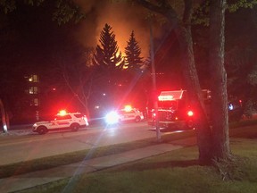 St. Albert firefighters responded to a blaze at an apartment building in the Grandin area around 1 a.m. Wednesday, May 27, 2020. Five people were sent to hospital. Images supplied by St. Albert Fire Services
