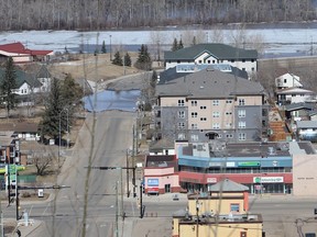 Flooding in downtown Fort McMurray on April 29, 2020.