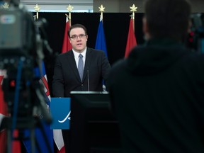 Government House Leader Jason Nixon, speaking during a press conference in Edmonton on May 5, 2020. Legislature is reconvening May 27, 2020 to debate the province's COVID-19 response.